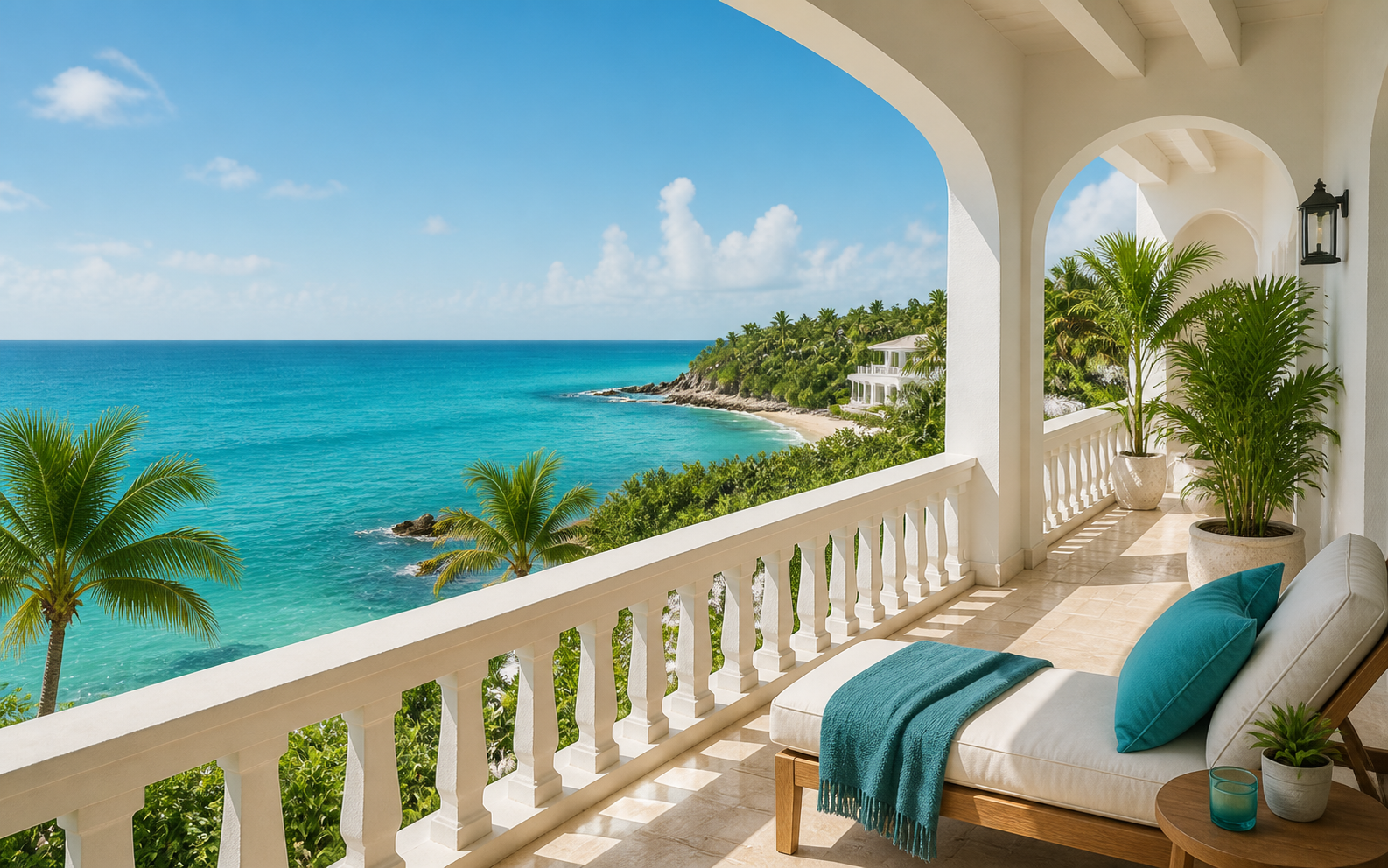 Sunny villa balcony overlooking turquoise water