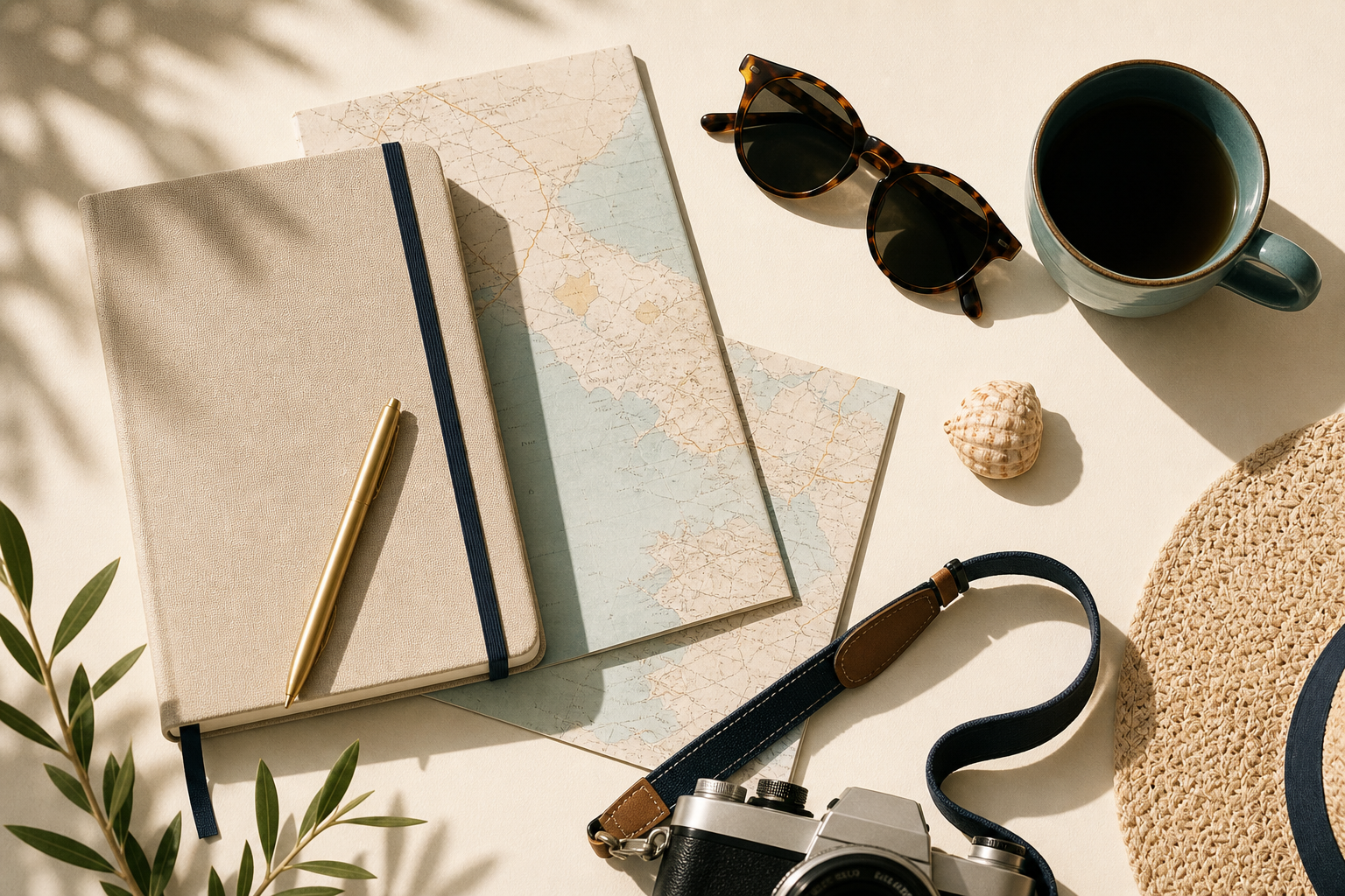 Travel journal flat lay