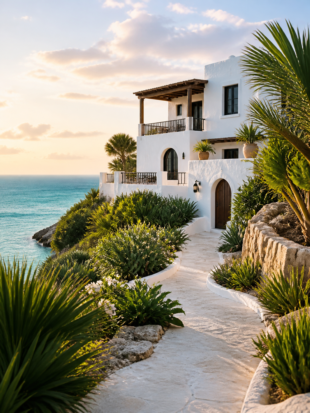 White coastal villa and garden path