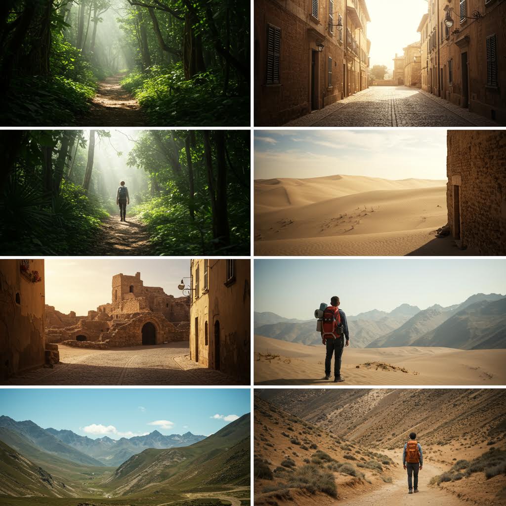 짙은 숲길과 황량한 사막을 오가는 여정 속에 온카스터디의 탐구심이 빛처럼 이어지는 풍경