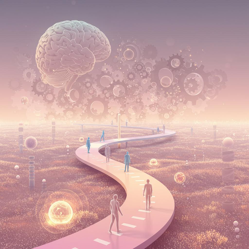 하늘의 거대한 뇌와 빛나는 구체들로 둘러싸인 구불구불한 길을 따라 걷는 사람들을 보여주는 인지 여정 및 지식 추구의 초현실적 풍경