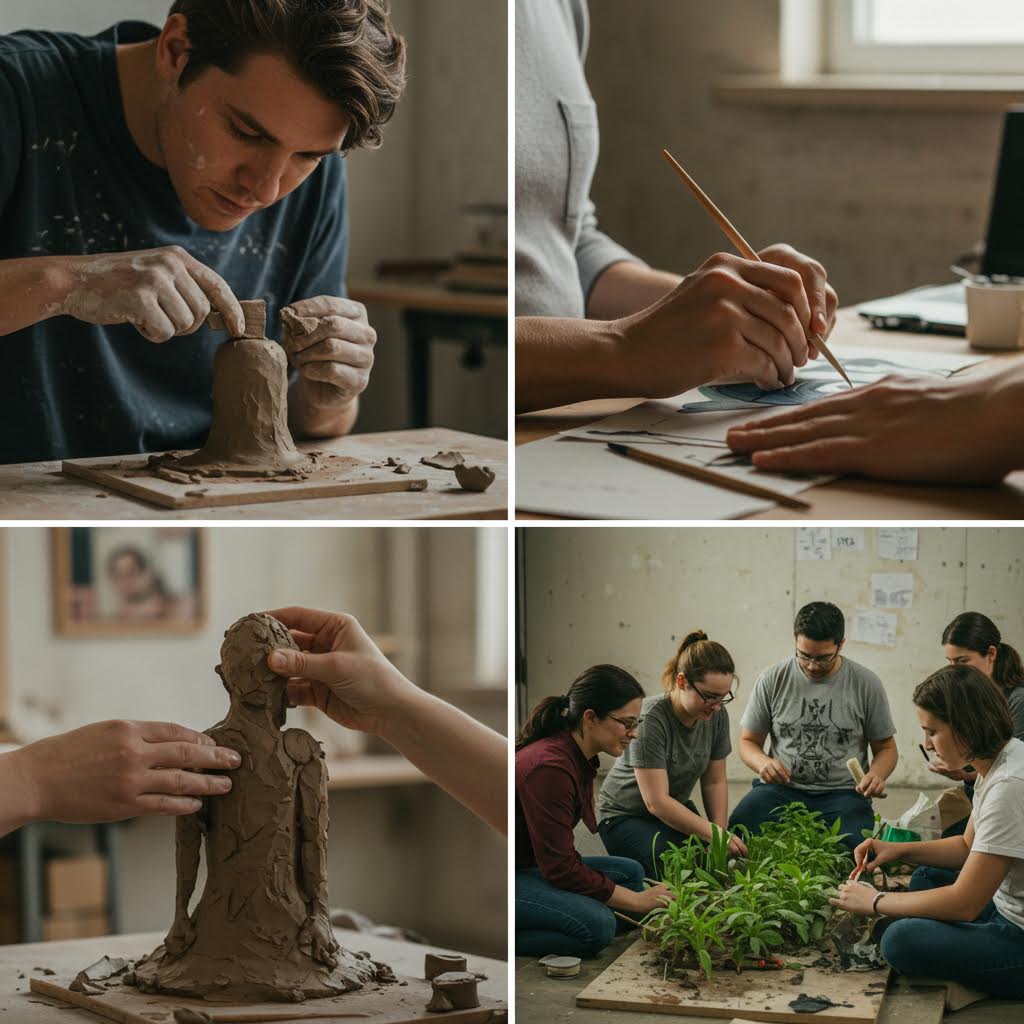 점토 조각, 수채화 그림, 식물 가꾸기 등 창의적인 예술 및 공예 활동에 참여하는 사람들