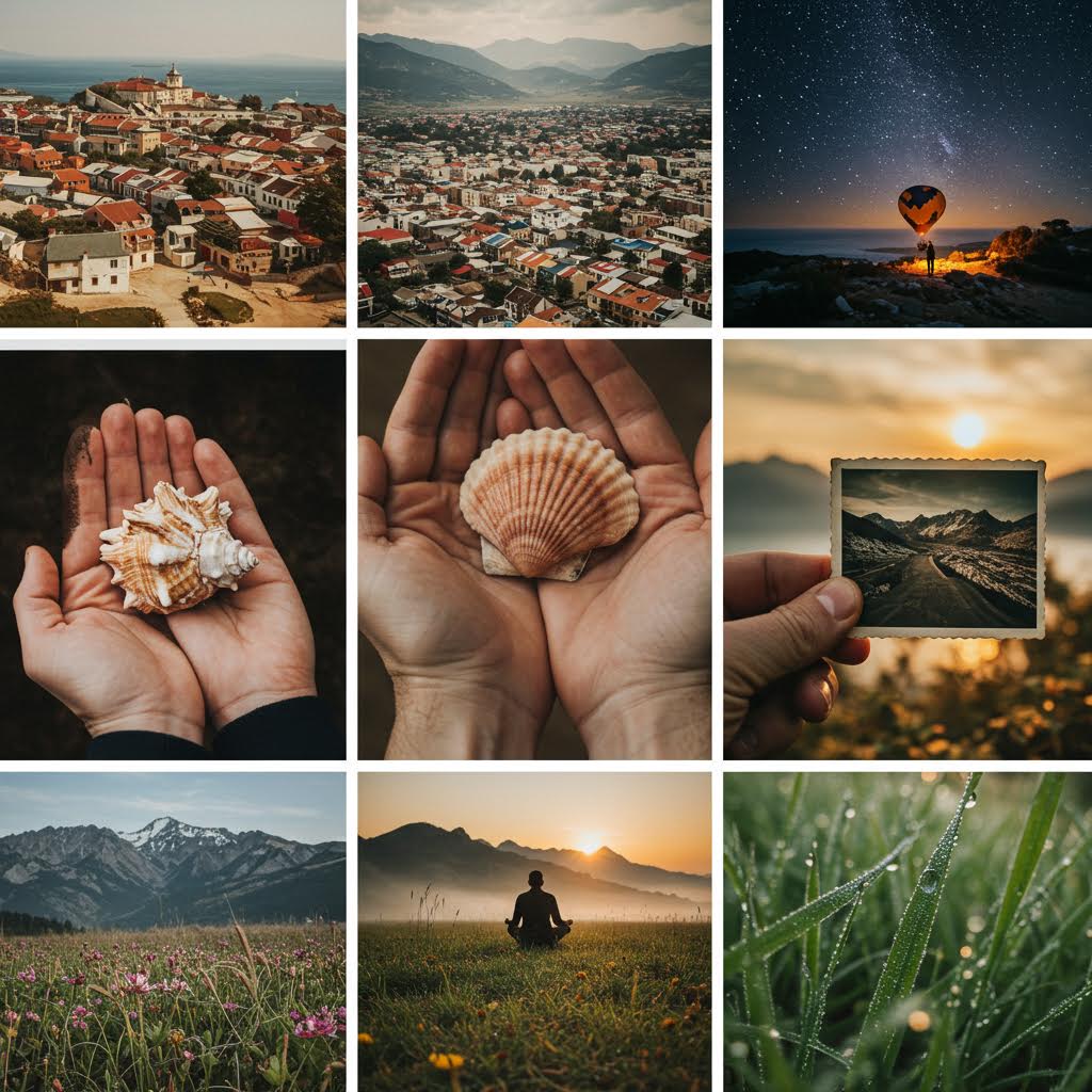 따뜻한 빛 속에 펼쳐진 도시와 자연, 그리고 손안의 조개가 여행의 여운을 품은 장면
