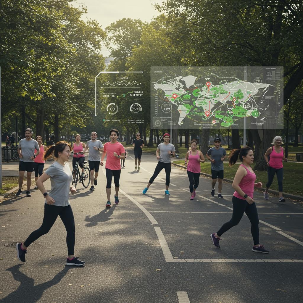 온카스터디 글로벌 러닝 네트워크: 공원에서 달리며 세계 지도 홀로그램으로 활동 데이터를 공유하는 사람들.
