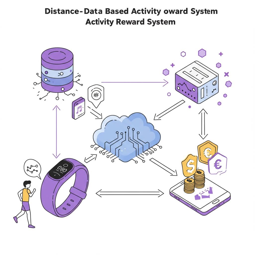 온카스터디 활동 보상 시스템: 웨어러블 기기에서 클라우드 서버로 데이터 전송 후 코인 보상 받는 구조도.