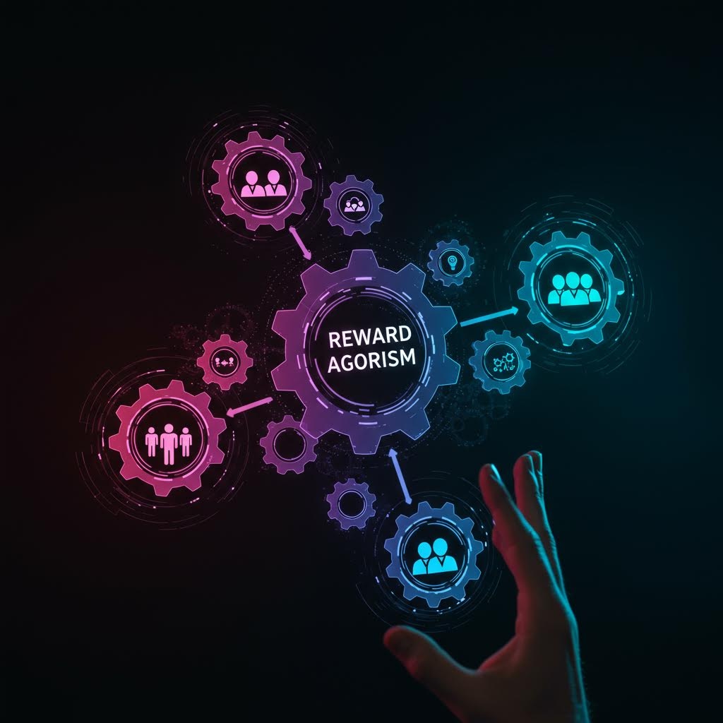 온카스터디 리워드 알고리즘: 기어 모양 네트워크에 REWARD AGORISM이 중심이 된 보상 메커니즘 다이어그램.