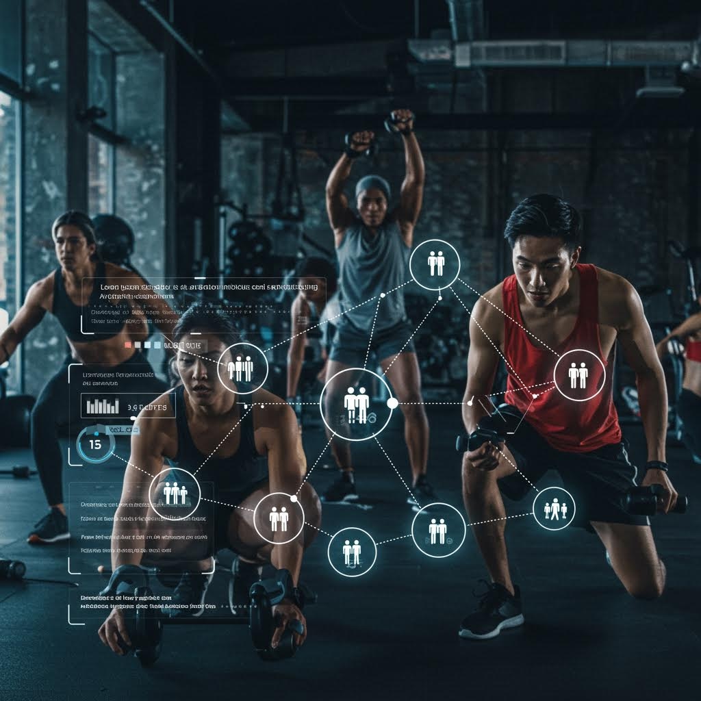 어두운 헬스장에서 덤벨 든 5명의 운동선수들, 서로를 연결하는 빛나는 사람 아이콘 네트워크와 36 REPS·15 SEC 카운트가 떠 있는 스마트 커뮤니티 피트니스 이미지.