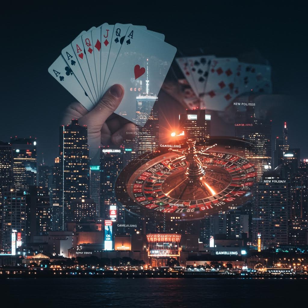 밤의 도시 스카이라인에 오버레이된 룰렛 휠과 포커 카드 도시형 도박 산업 개념 이미지