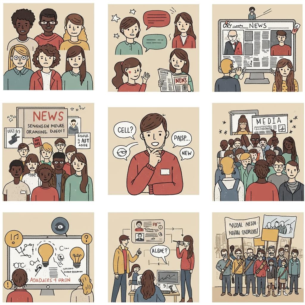 뉴스 미디어와 대중 커뮤니케이션을 보여주는 손그림 일러스트 사회적 인식과 정보 전달 콜라주