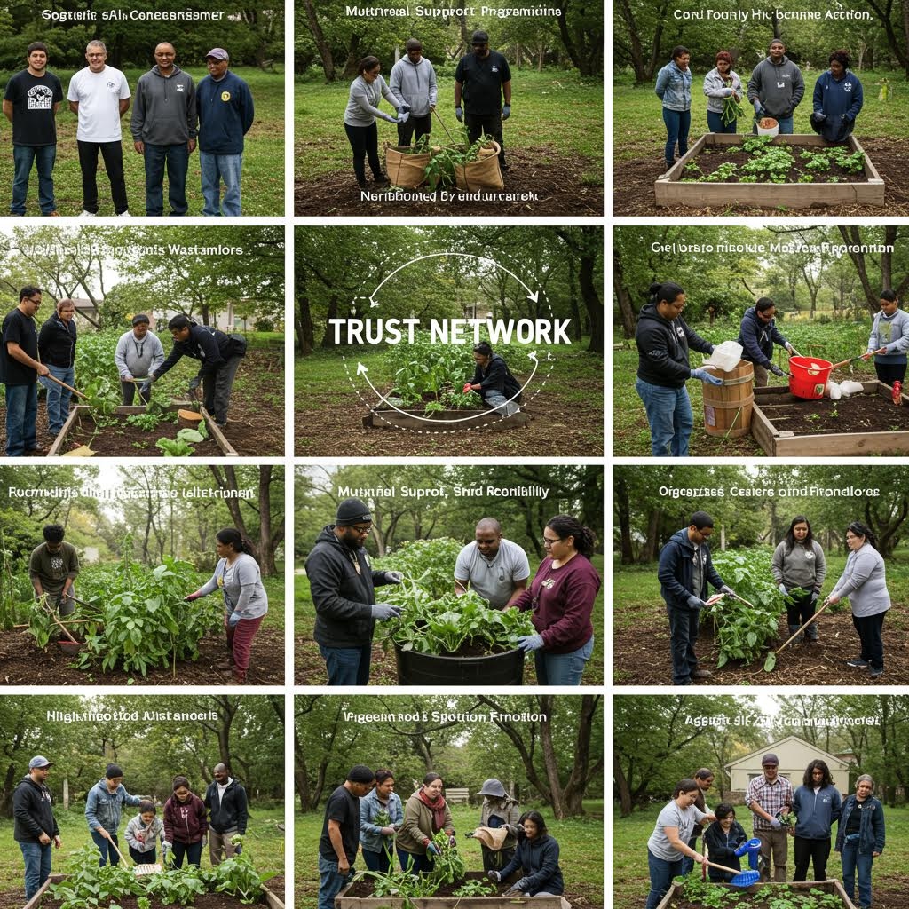 온카스터디 트러스트 네트워크: 커뮤니티 정원 가꾸기 활동으로 연결된 신뢰 기반 협력 사진 콜라주.
