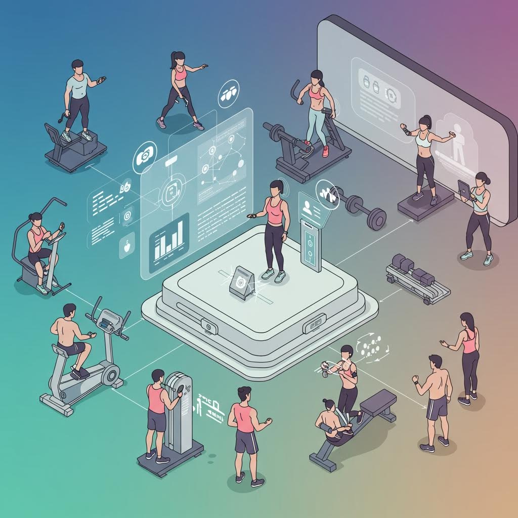 아이소메트릭 스타일로 그려진 미래 헬스장, 중앙 플랫폼에서 홀로그램 대시보드를 보며 12명이 러닝머신·웨이트·복싱 등 다양한 운동을 하는 스마트 피트니스 일러스트.