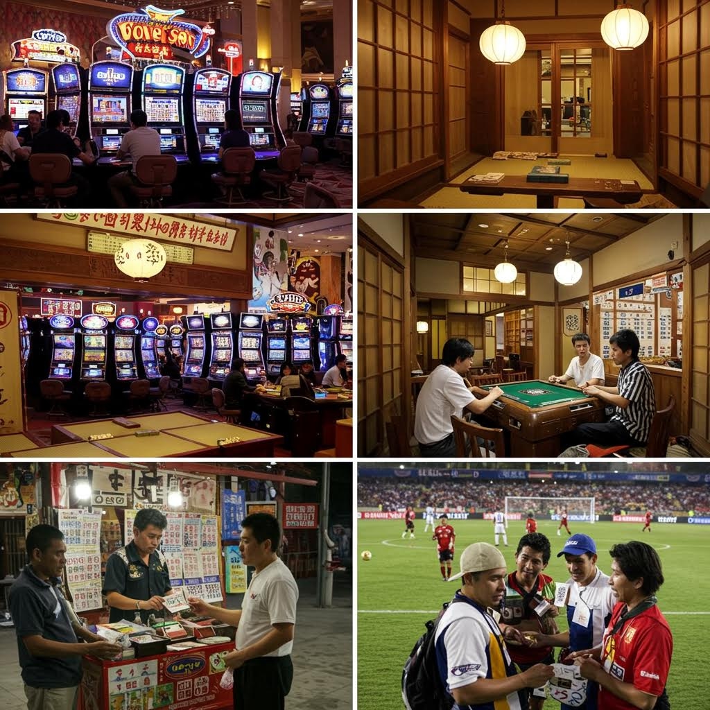 아시아 카지노 슬롯머신 포커 테이블 복권 판매점 스포츠 베팅 장면을 보여주는 도박 문화 콜라주