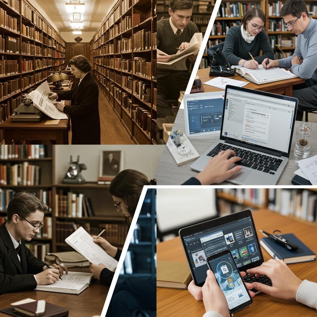 도서관 연구에서 디지털 작업까지 학술 조사와 온라인 리서치를 보여주는 콜라주