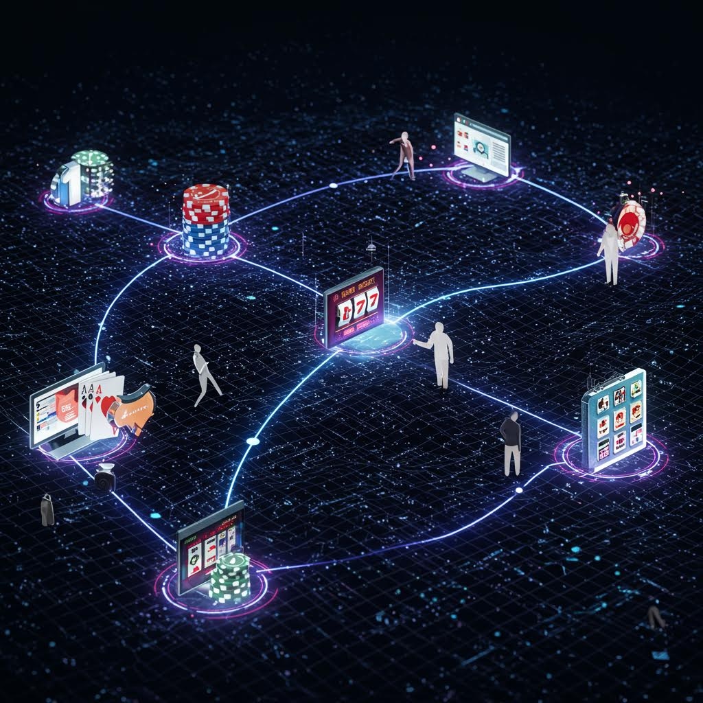 네트워크로 연결된 온라인 카지노 플랫폼 슬롯 칩 태블릿이 있는 디지털 도박 생태계 인포그래픽