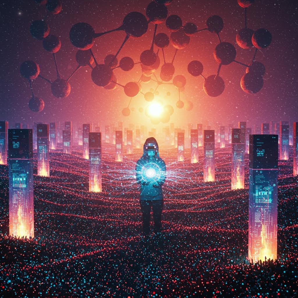 미래형 네트워크 구조 앞에 서 있는 인물 분자 구조와 디지털 연결을 상징하는 공상과학 개념 이미지