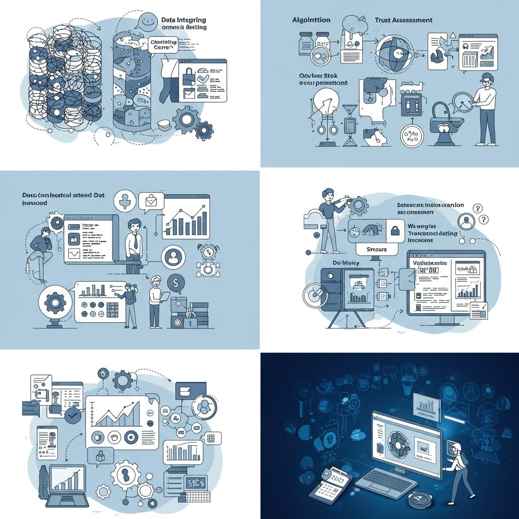 온카스터디 데이터 통합 프로세스: 데이터 정제부터 알고리즘, 신뢰 평가, 검증까지 단계별 일러스트레이션.