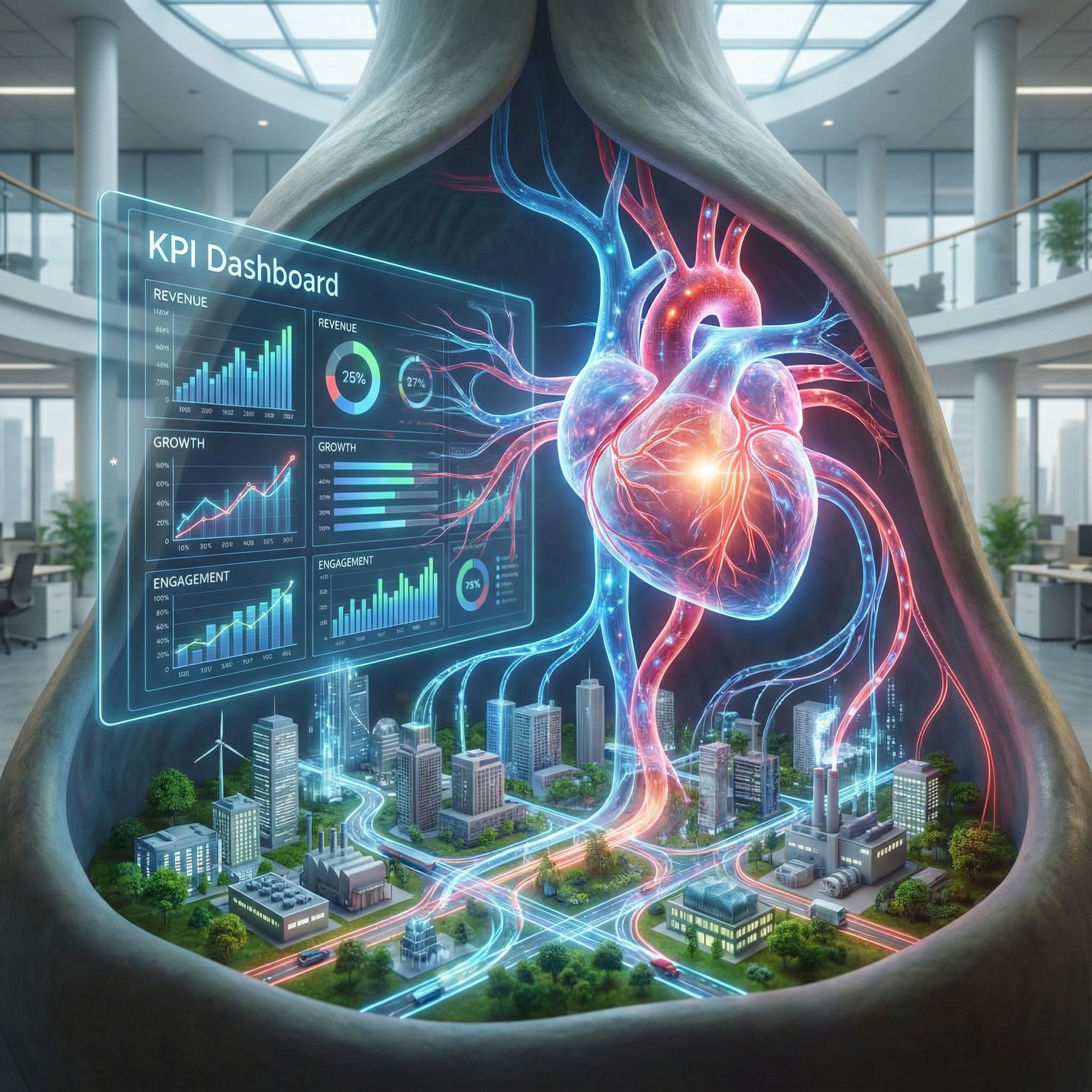 빛나는 KPI 대시보드가 고동치는 심장으로 변하며, 데이터 흐름이 번성하는 비즈니스 생태계 속 혈관을