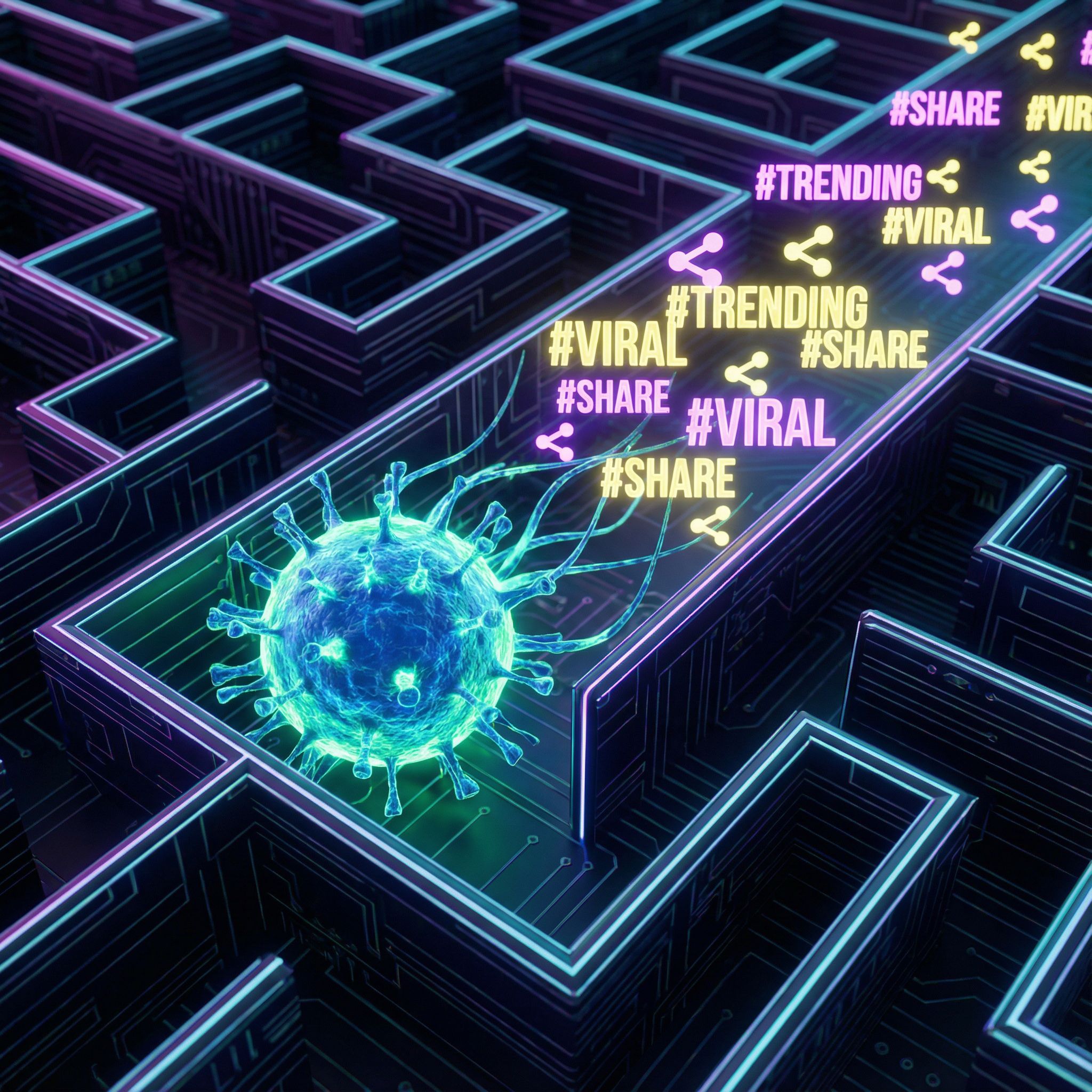 빛나는 바이러스 입자가 해시태그와 공유 아이콘을 흔적로 남기며 미로를 헤쳐나가는 모습이다.