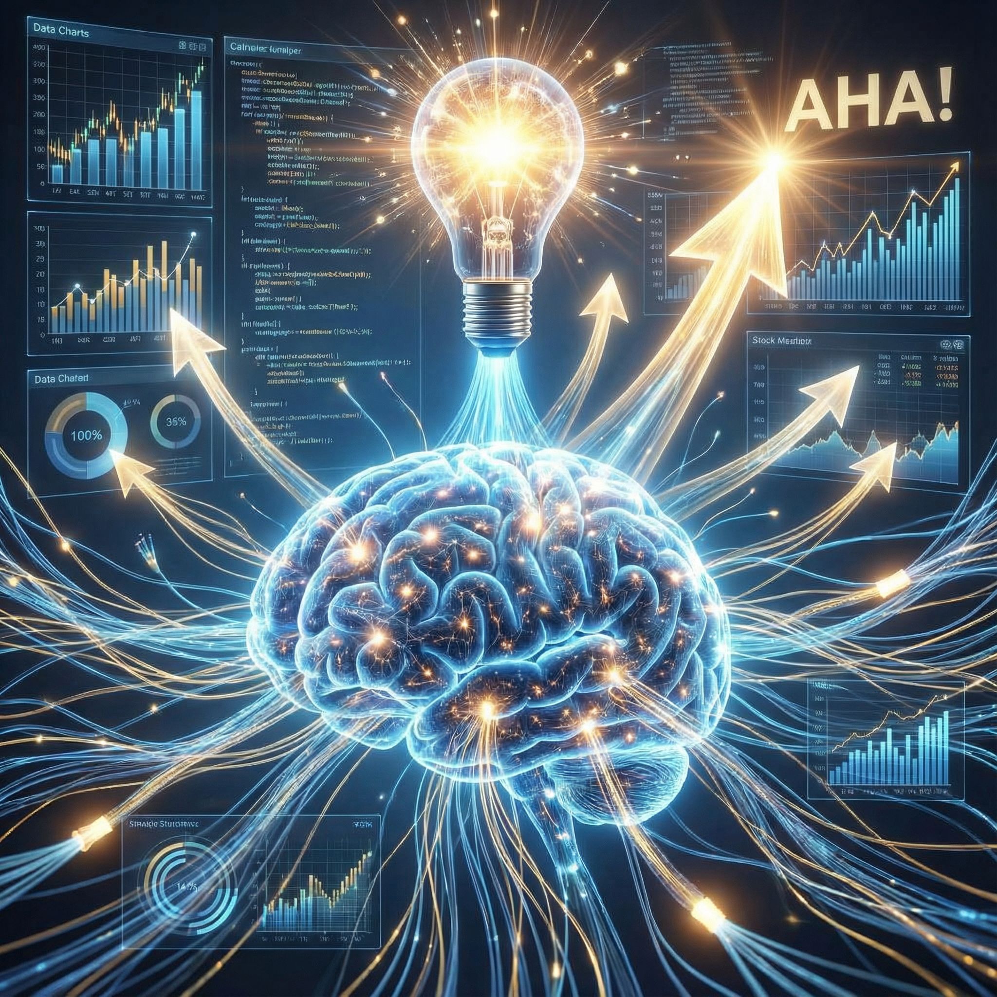 빛나는 뇌가 데이터와 차트 줄기로 연결되고 결정적인 화살표가 선명한 전구를 가리키는 모습이다.