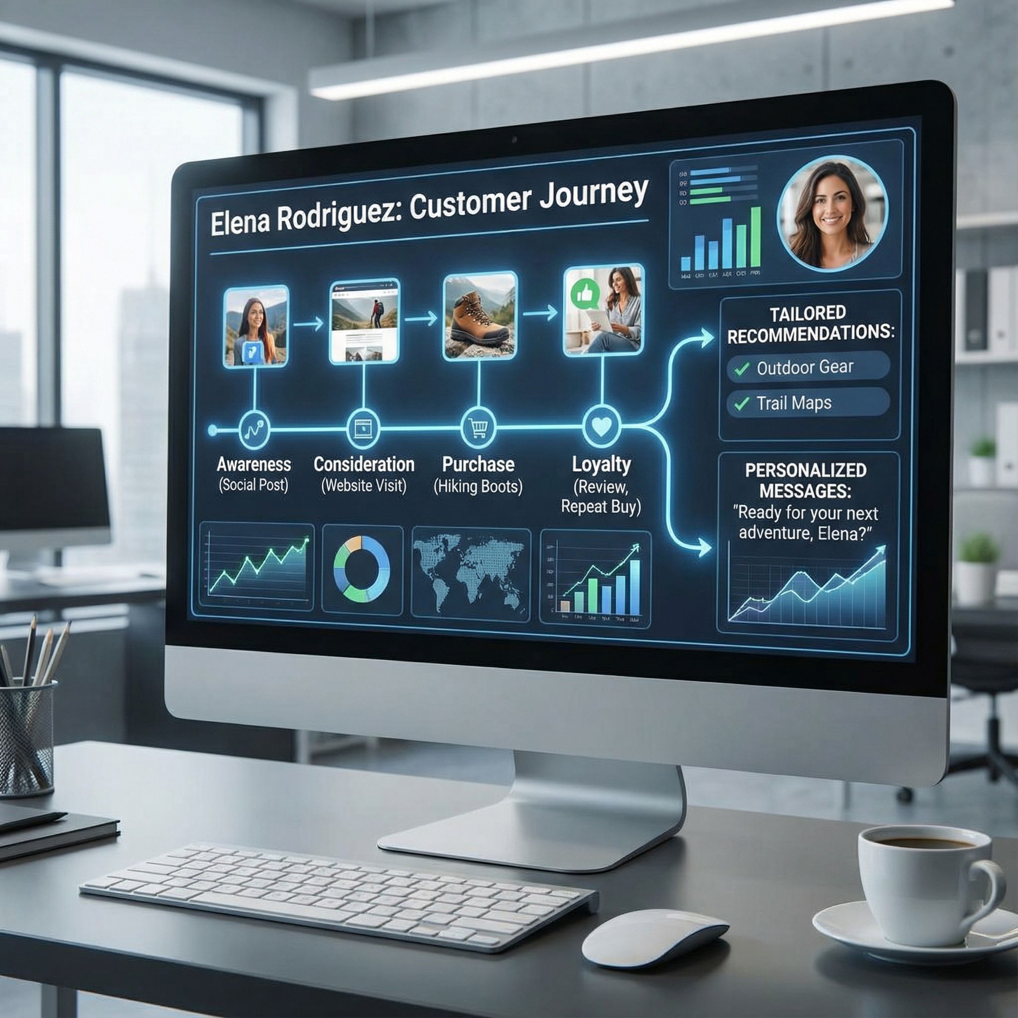 고객 여정을 시각화한 맞춤형 마케팅 대시보드로, 데이터 흐름이 개인화된 상품 추천과 메시지로 이어지는