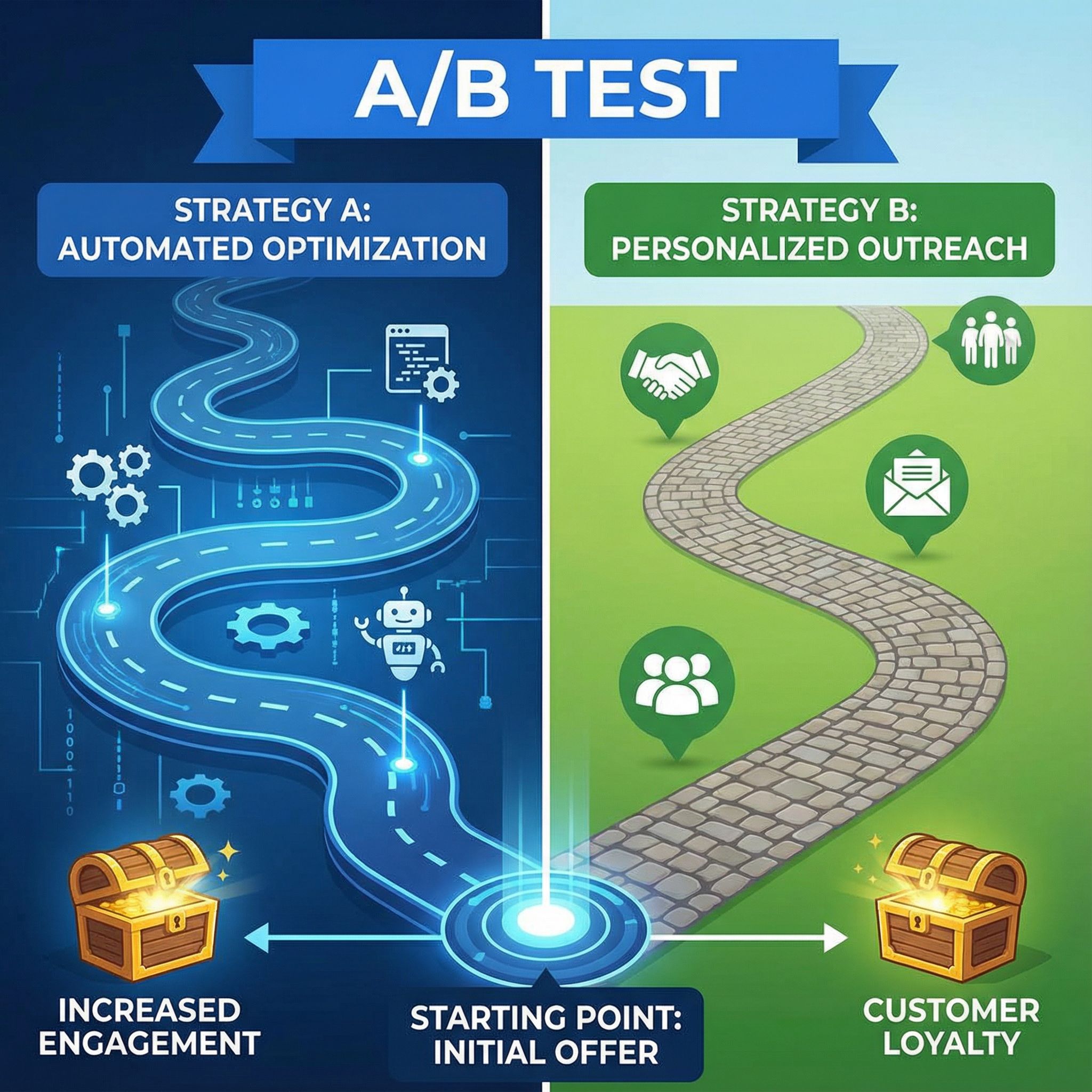 화면이 양분된 화면에서 단일 출발점에서 갈라져 나오는 두 개의 서로 다른 보너스 전략 경로를 A/B