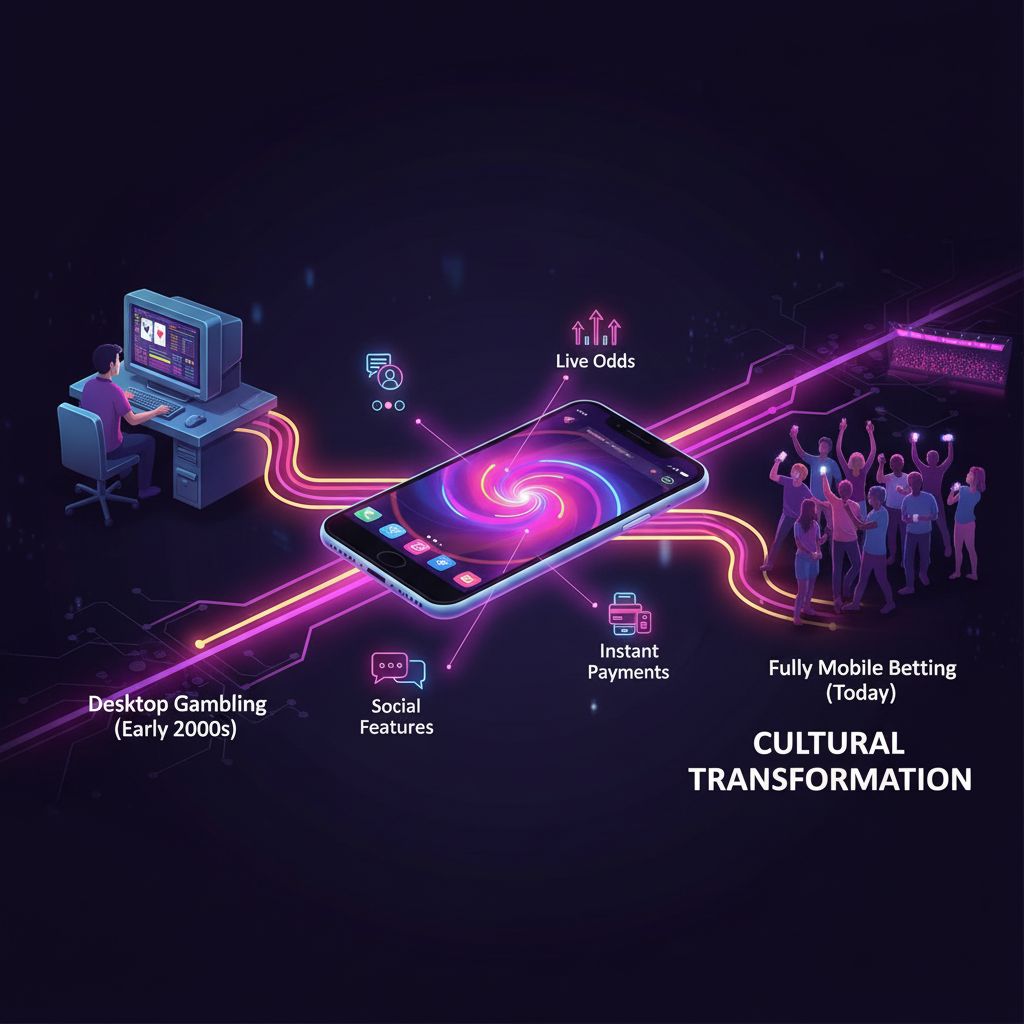 초기 데스크톱 도박에서 실시간 모바일 베팅으로 발전하는 과정을 시각화한 문화적 변화 그래픽