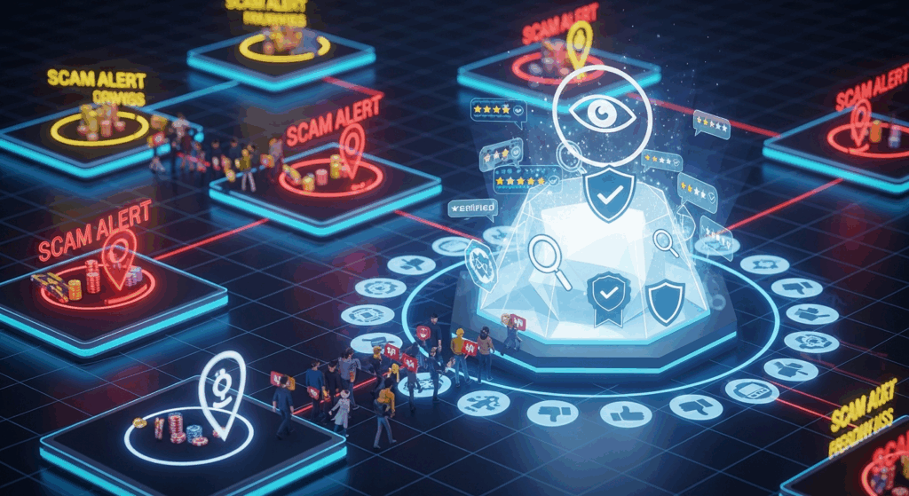 사기 경고 구역과 검증 시스템이 네트워크 구조로 표현된 디지털 안전 감시 그래픽