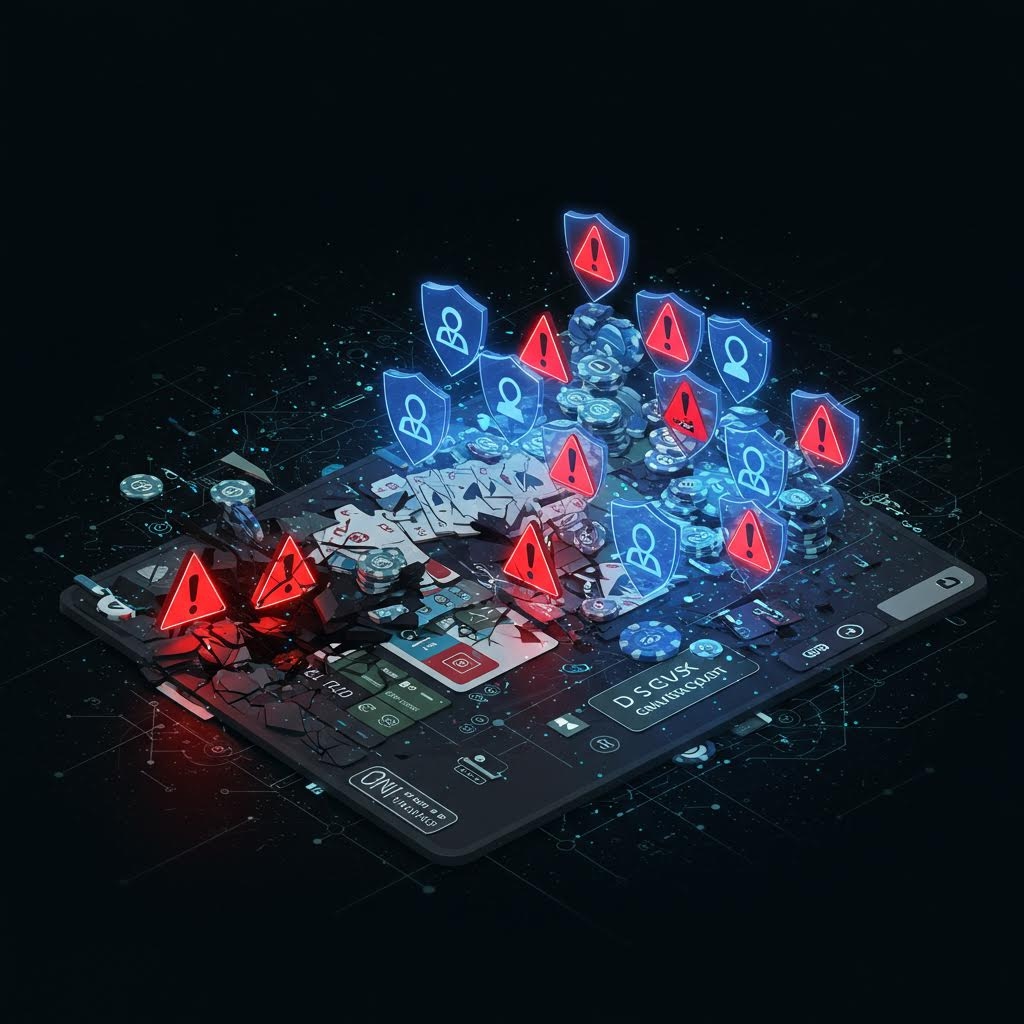 모바일 화면에서 경고 아이콘과 보안 실드가 다수 나타나는 사기 탐지·보안 경보 인터페이스