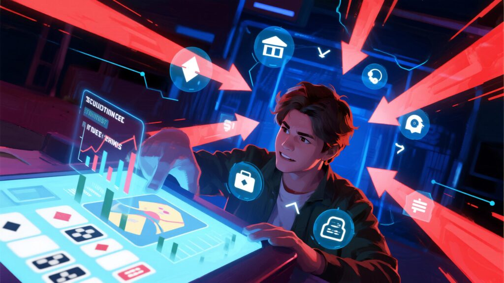 디지털 패널을 조작하는 청년 주변으로 경고 신호와 아이콘이 쏟아지는 위험 인식 일러스트