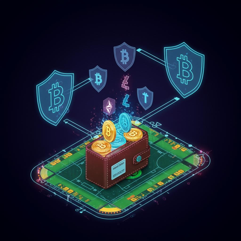 베팅 보드 위에 암호화폐 지갑과 비트코인·이더리움 아이콘, 보안 실드가 함께 표시된 디지털 자산 보호 콘셉트 이미지