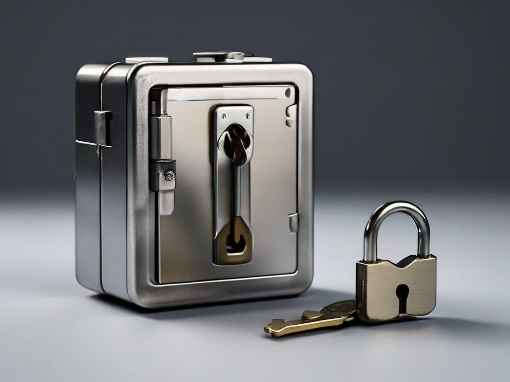 Small metal lock, closed key case, and blank security card on matte gray surface for account cleanup.
