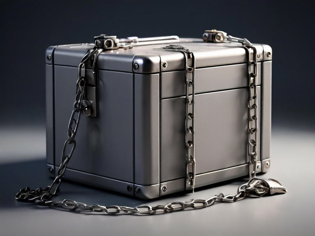A sealed metal case with a chain and small blocks on a gray surface representing organized file locations.