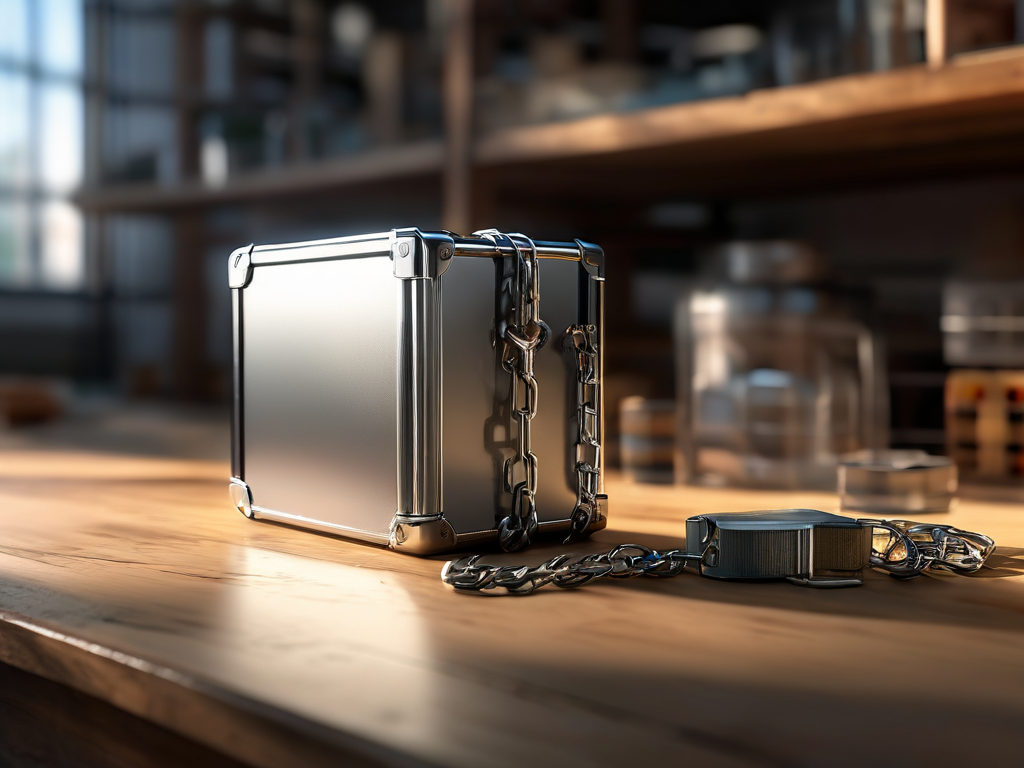 Metal storage case with chain beside small blocks labeled file locations on brushed metal surface, morning light.