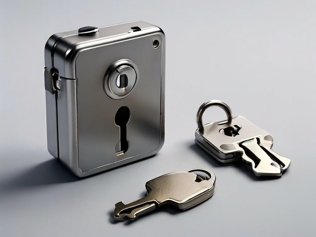 A closed metal lock, a key case, and a blank card on a gray surface, representing digital security preparation.