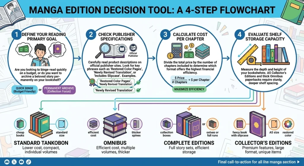 4-step decision flowchart guiding manga edition selection based on budget and goals.