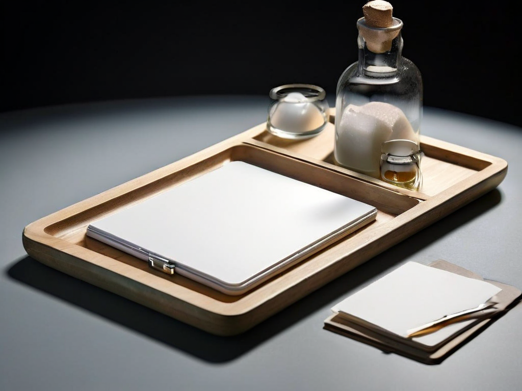 Acrylic tray holding blank sample cards and organized compartments on a stone counter.
