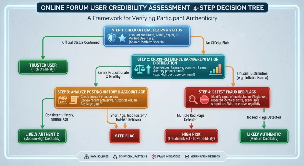 Flowchart outlining the 4-step process for evaluating contributor credibility via Flairs, Reputation Scores, and Account Age.