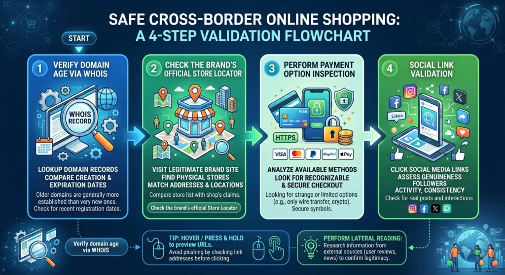 4-step flowchart for verifying official international brand webstores.